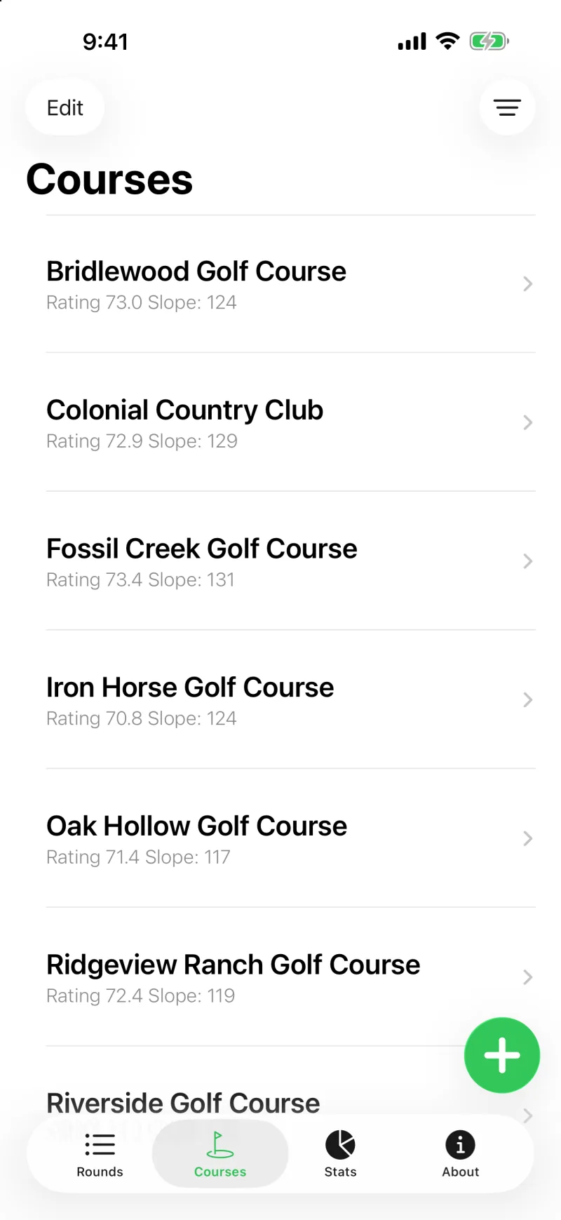 Courses screen showing a Course Handicap for each saved course