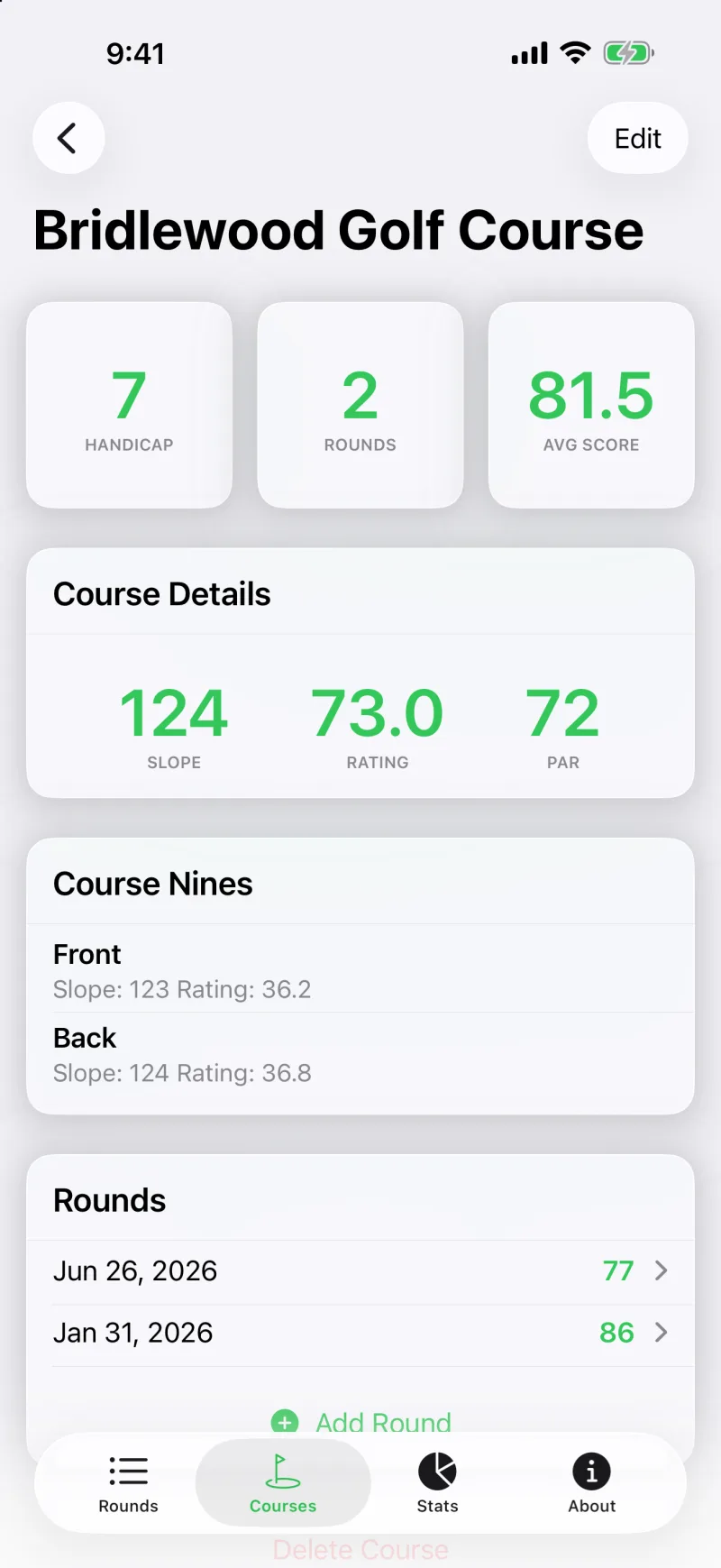 Course detail screen showing rating, slope, par and Course Handicap
