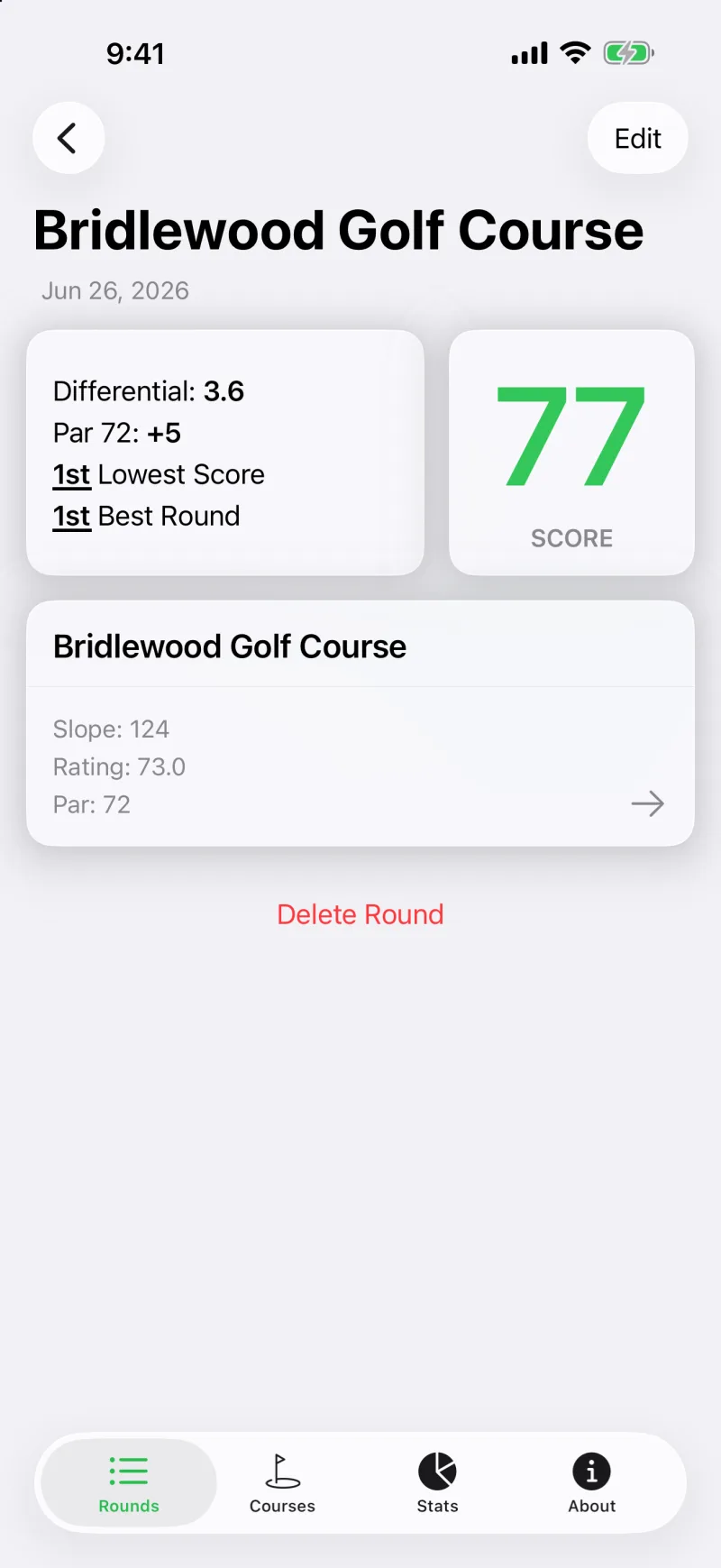 Round detail screen showing the score and its Score Differential